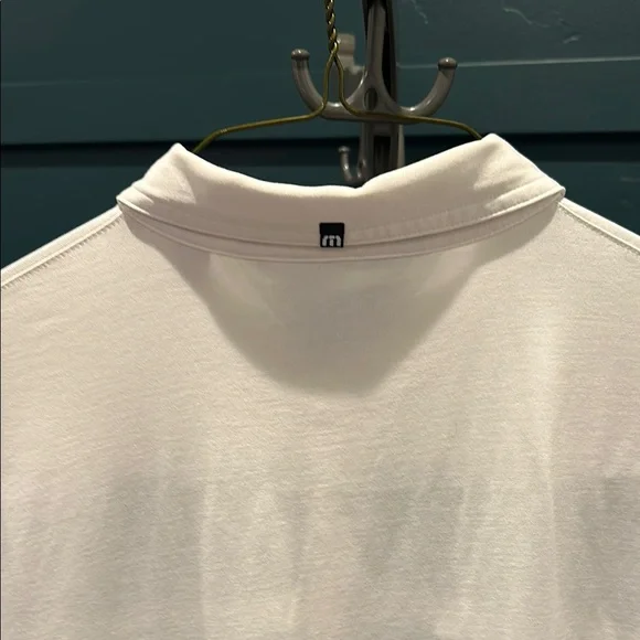Men's White Travis Mathew Polo Shirt with black and gray stripes. - Picture 4 of 5